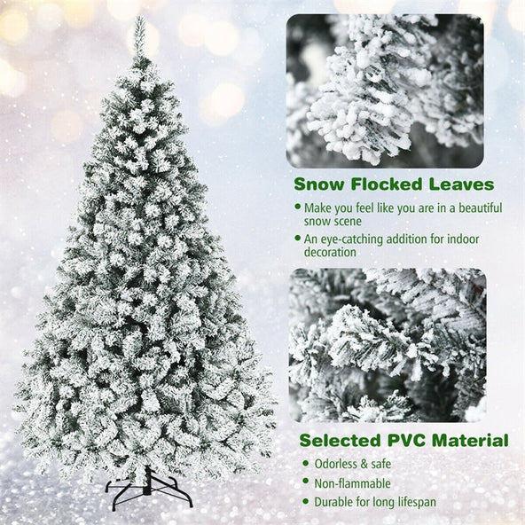 Premium Pre-Lit Snow Flocked Artificial Christmas Tree with Hinged Branch Tips & LED Lights
