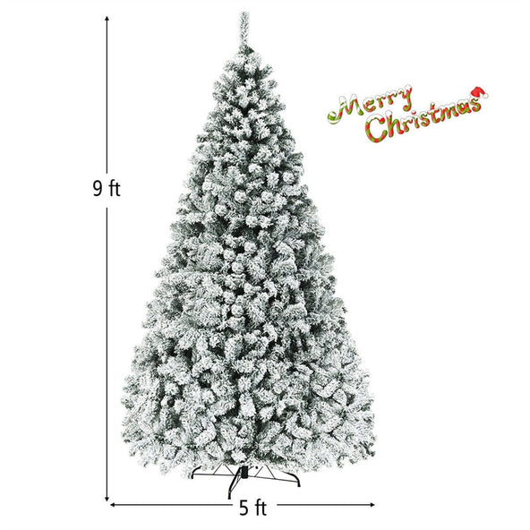 Premium Pre-Lit Snow Flocked Artificial Christmas Tree with Hinged Branch Tips & LED Lights