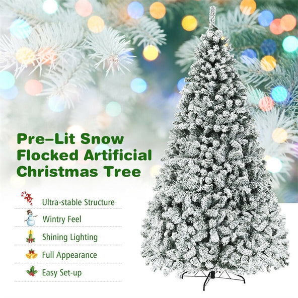 Premium Pre-Lit Snow Flocked Artificial Christmas Tree with Hinged Branch Tips & LED Lights