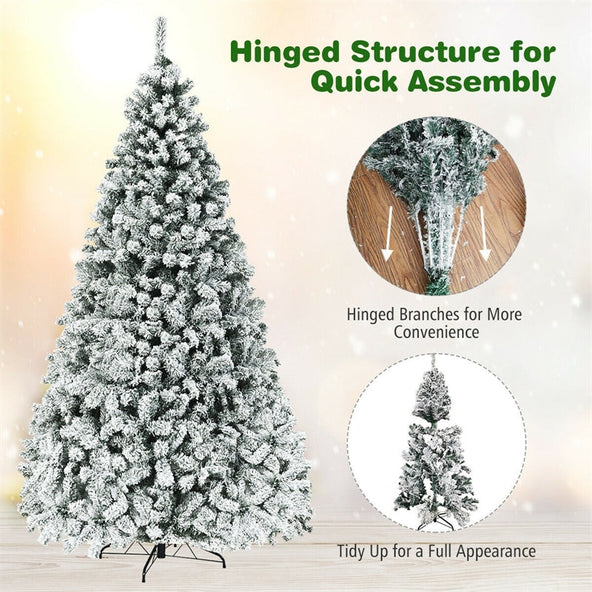 Premium Pre-Lit Snow Flocked Artificial Christmas Tree with Hinged Branch Tips & LED Lights