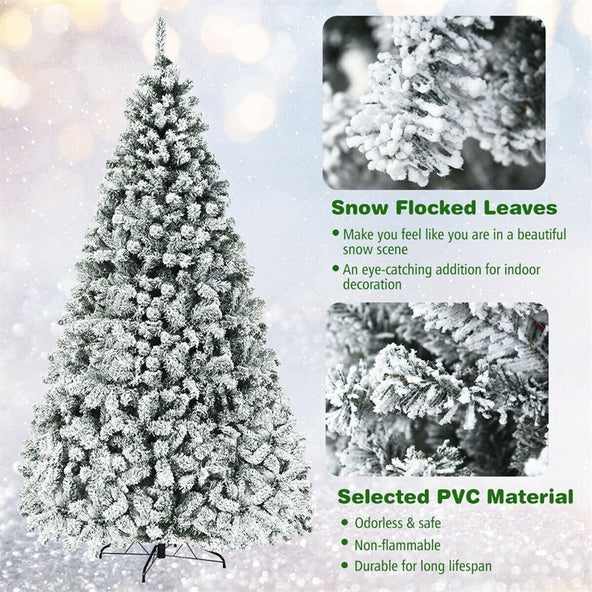 Premium Pre-Lit Snow Flocked Artificial Christmas Tree with Hinged Branch Tips & LED Lights